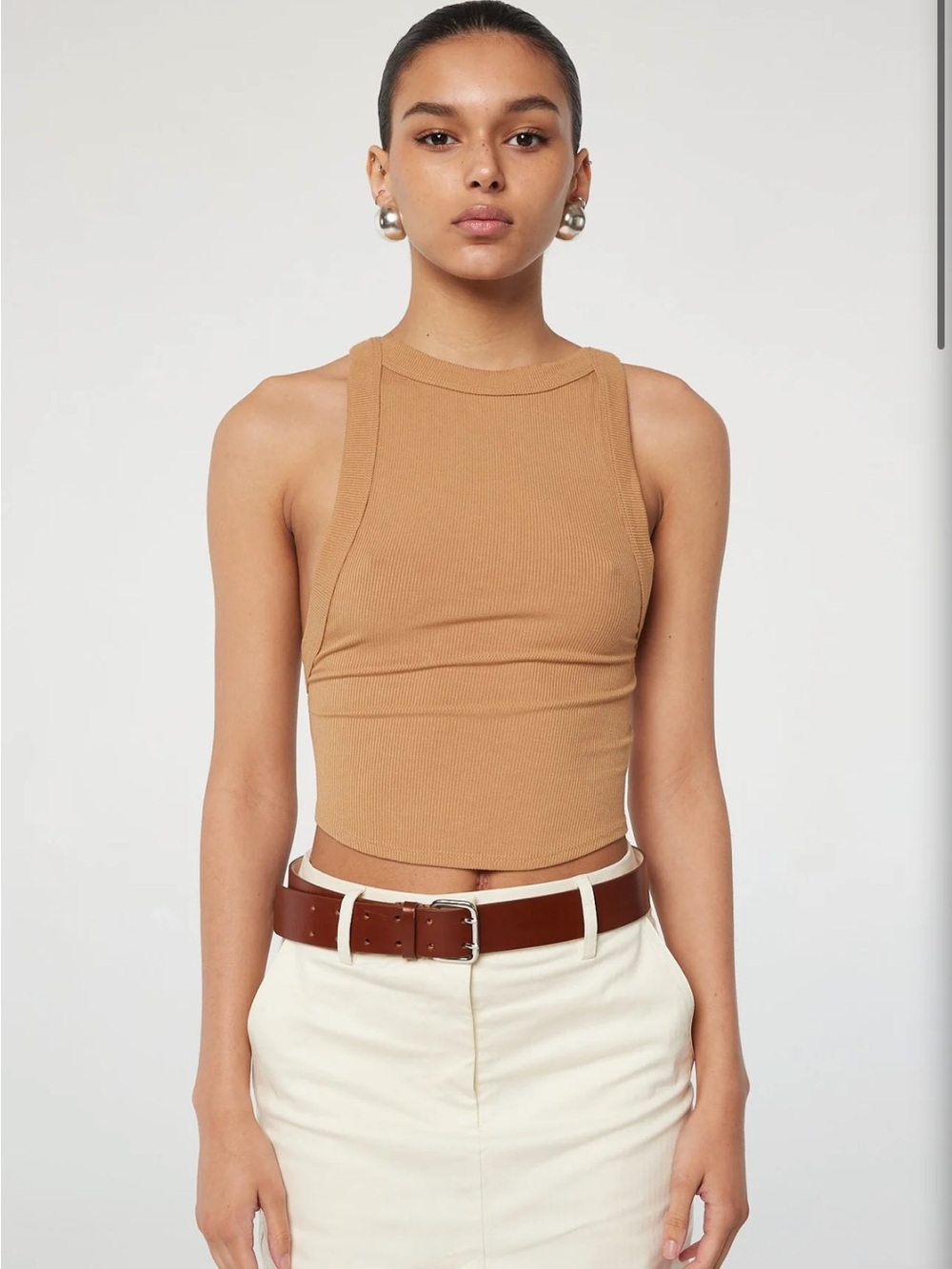 The Line by K Ribbed Tank Top in Camel Brown